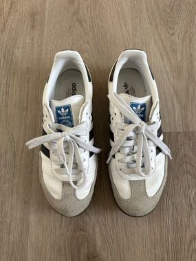 adidas samba White Sneakers with Black Stripes and Blue Tongue Logo